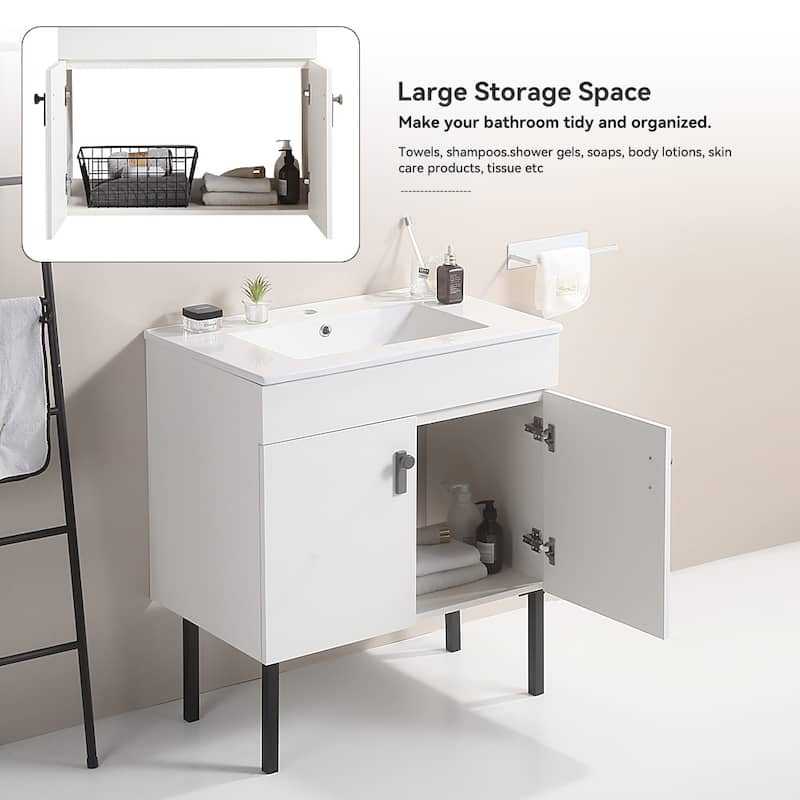 Bathroom Vanity with Metal Leg, White Ceramic Basin & 2 Soft Close Doors