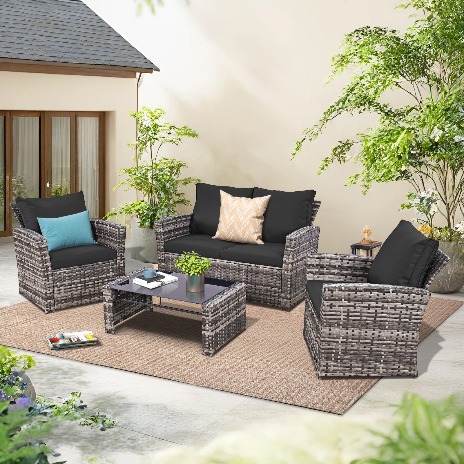 Thicker 4-Piece Wicker Outdoor Sofa Set, 1 Loveseats, 2 Single Sofas, 1 Table