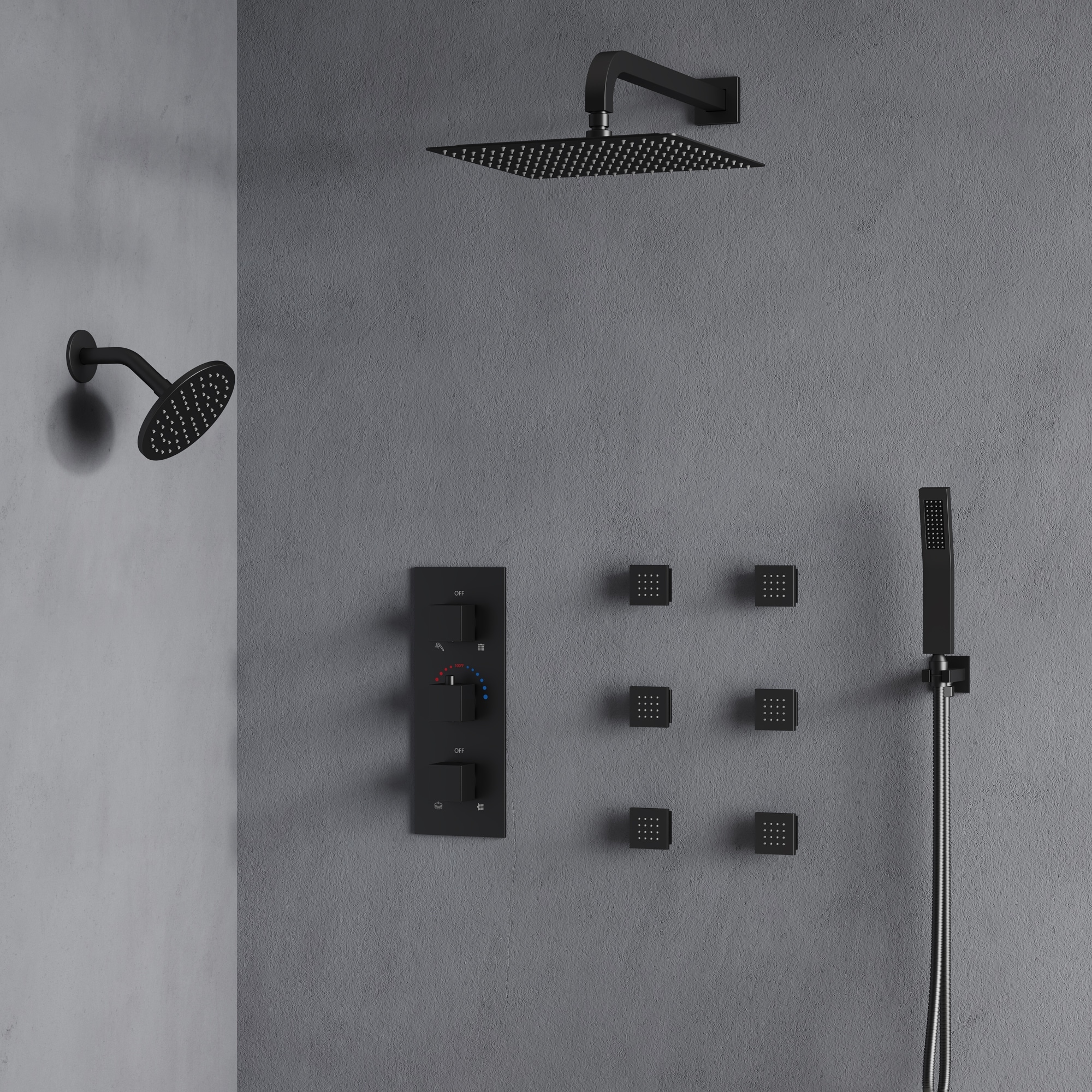 Thermostatic Dual Shower System 12" and 6" Rainfall Shower Head with 6 Body Jets & Handheld Shower - 12" x 6"