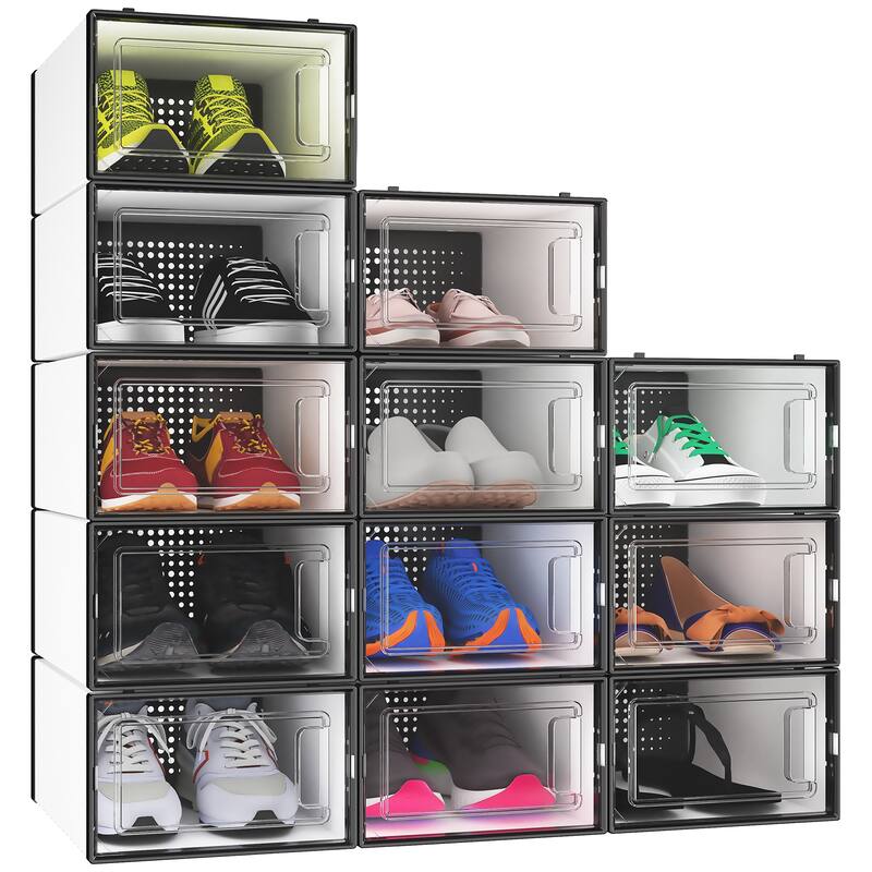 6/12/18 Pack Shoe Storage Box Plastic Stackable Shoe Organizer for Closet Foldable Sneaker Containers Bins Holders Racks