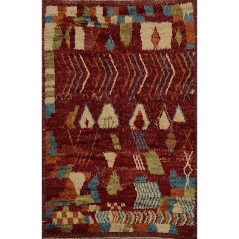 Hand Knotted Oriental 100% Wool Carpet Modern Tribal Red Moroccan Area Rug - 9' 8'' X 7' 1''