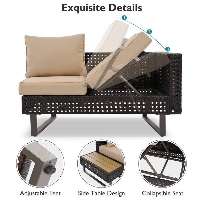 6-Piece Outdoor Patio Rattan Sectional Sofa Set with Adjustable Seat, Side Table, Coffee Table with Ice Bucket