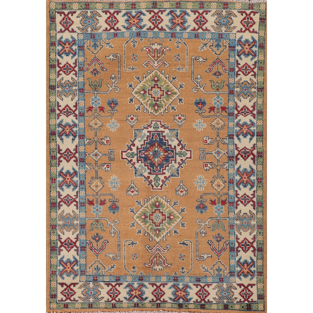 Orange Kazak Rug Hand-Knotted Wool Carpet - 3'5"x 4'10"