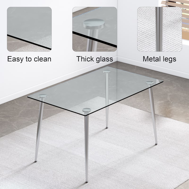 Modern Minimalist Rectangular Glass Dining Table for 4-6 with 0.31" Tempered Glass Tabletop and Silver plating Metal Legs