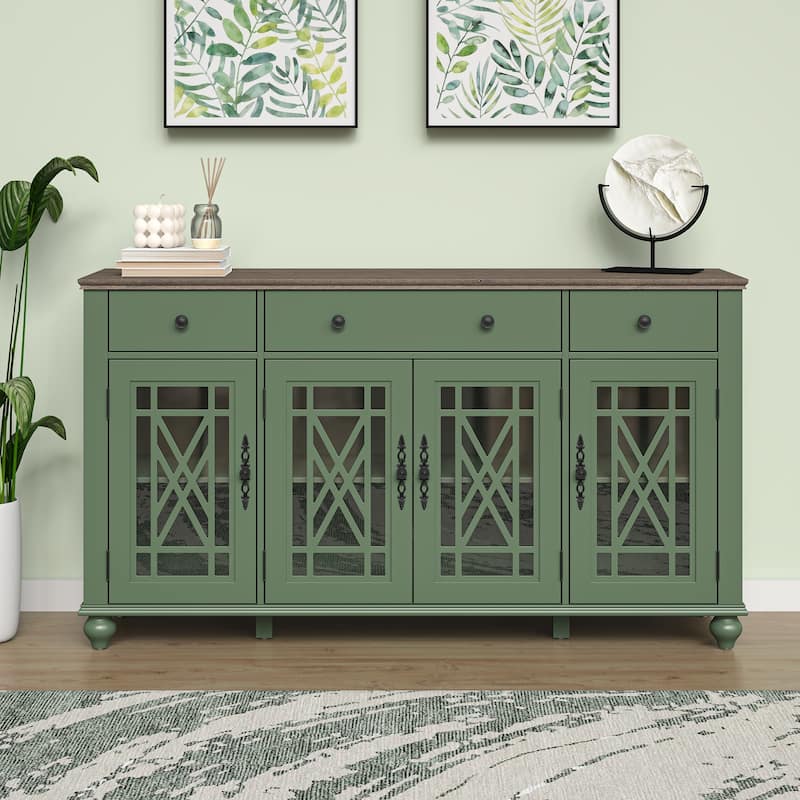 63" Vintage Style Kitchen Accent Buffet Sideboard Cabinet w/ Drawers - 63" in Width - Green