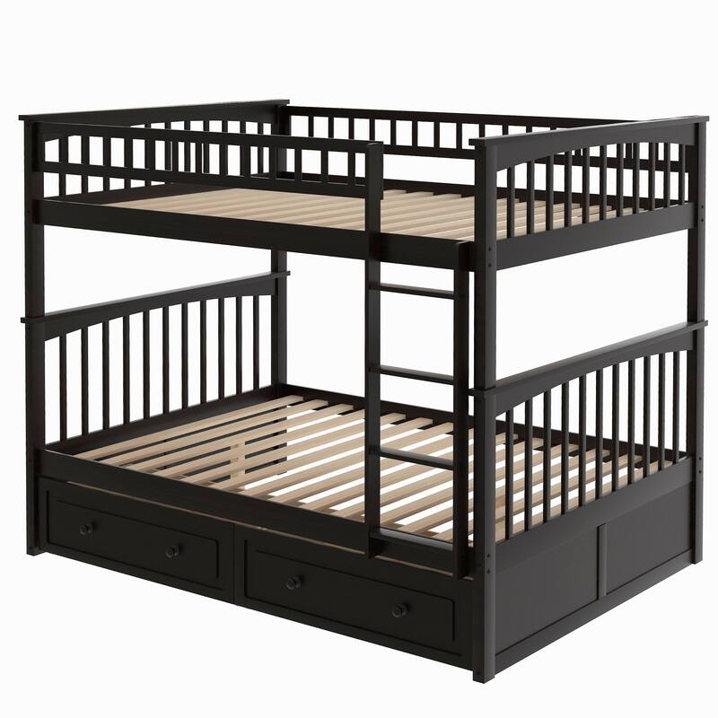 Full or Twin Bunk Bed with Safety Guardrail & 2 Storage Drawers, Convertible Beds Wood Slat Support Bunk Bed