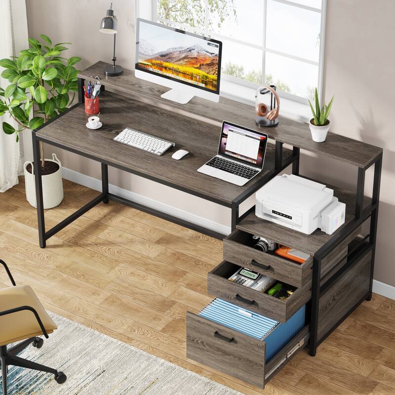 63 Inch Computer Desk with 3 Drawers, Modern Office Table with Monitor Stand and Printer Space for Home Office
