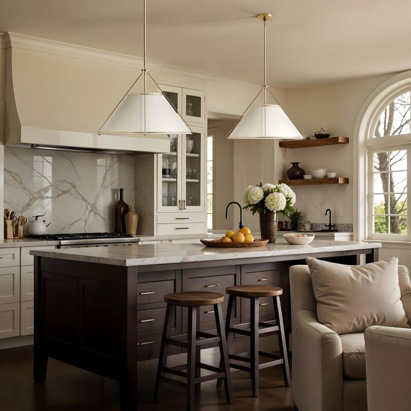 Lumina Modern Pendant Light - Metal, Fabric & Gold, Ivory White Cone Light Fixture For Modern, Coastal, Minimalist Room Decor