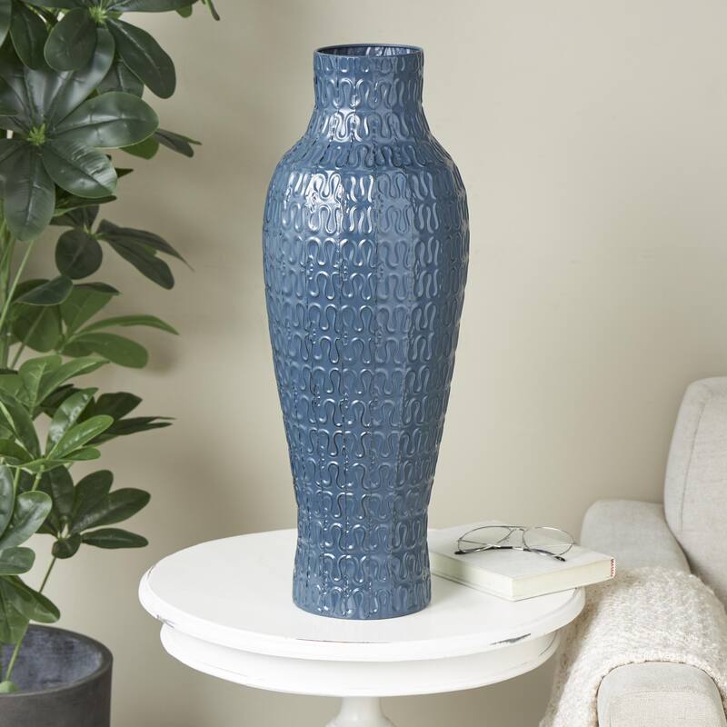 Metal Dimensional Textured Decorative Vase with Wavy Pattern - Dark Blue - Roche River Decor