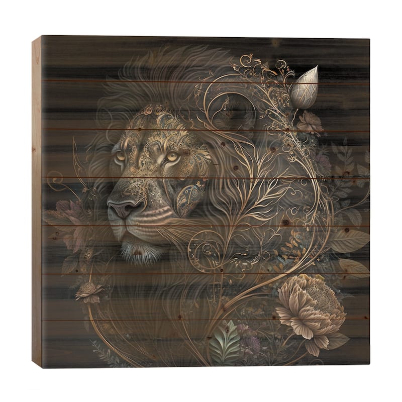 Golden Bloom Lion Print On Wood by Spacescapes - Multi-Color - 26x26x1.5