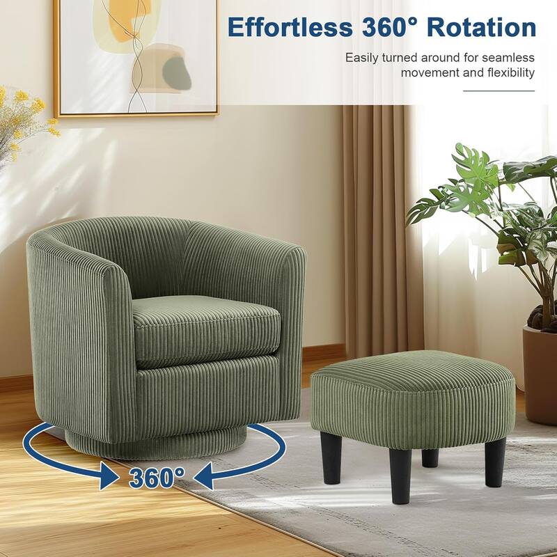 360° Swivel Accent Chair with Ottoman, Barrel Chair with Upholstered