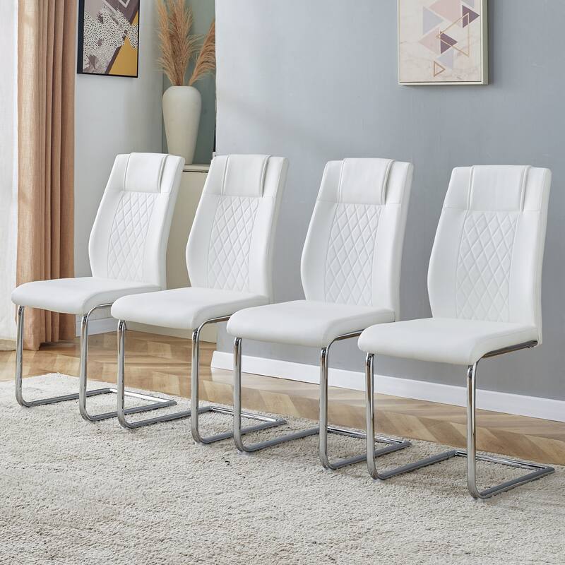 Faux Leather Dining Room Chairs with Upholstered Seat, Modern Kicthen Chairs Armless Accent Chairs with Metal Legs, Set of 4 - White Silver
