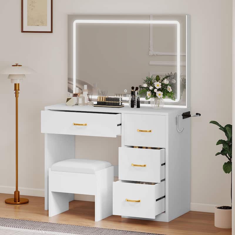 Moasis 54"Black Makeup Vanity Table Cushioned Stool Vanity Desk Set