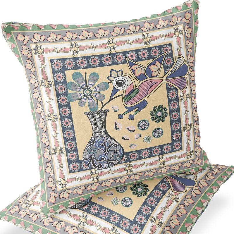 HomeRoots Set of Two 16" X 16" Beige and Pink Peacock Blown Seam Floral Indoor Outdoor Throw Pillows - 16.00' X '16.00' X '5.00