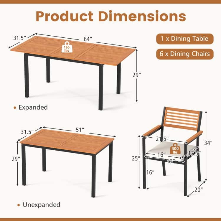 Natural Wood Rope 7 Piece Patio Dining Set with Extendable Table - Table Size: 51"-64" x 31.5" x 29" (L x W x H)