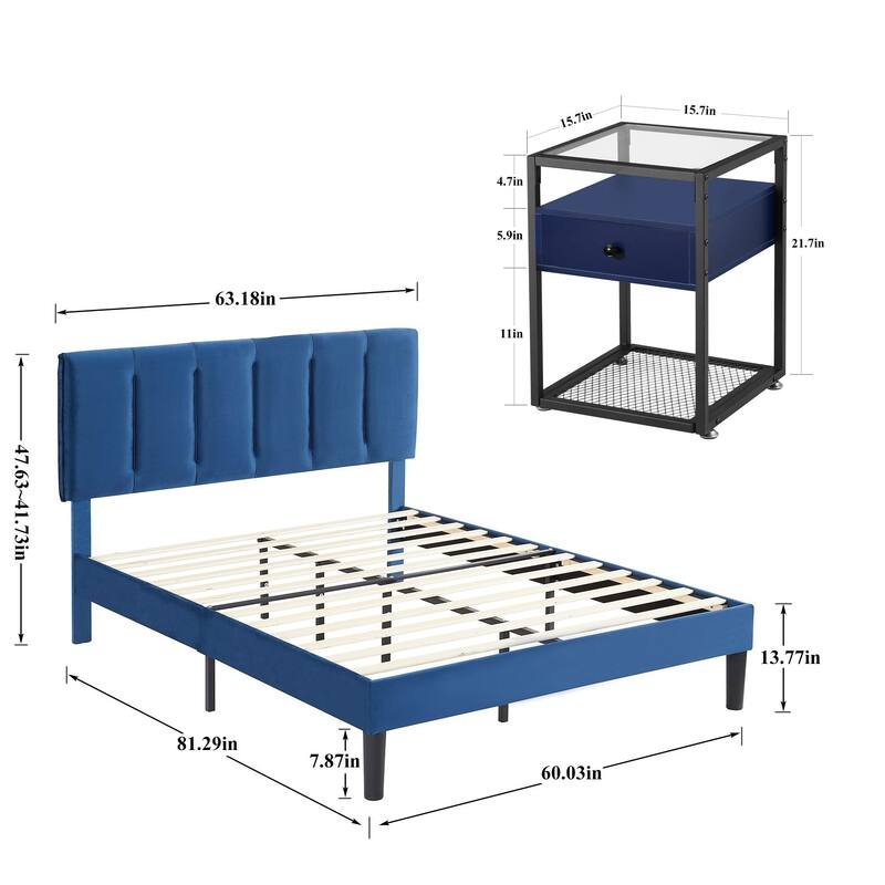 VECELO, Five Colors, 3-Pieces Tufted Upholstered Platform Bed Frame with Adjustable Height Headboard and Nightstands Set of 2