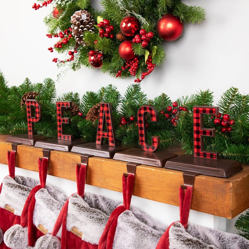 Set of 5 Red Black Buffalo Plaid "PEACE" Christmas Stocking Holder 6"