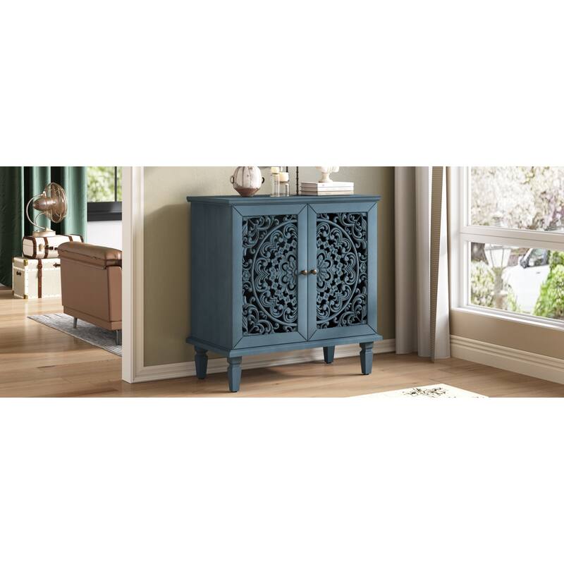 Roomfitters 2-Door Hollow-Carved Accent Cabinet, Symmetrical Floral Sideboard with Adjustable Shelf
