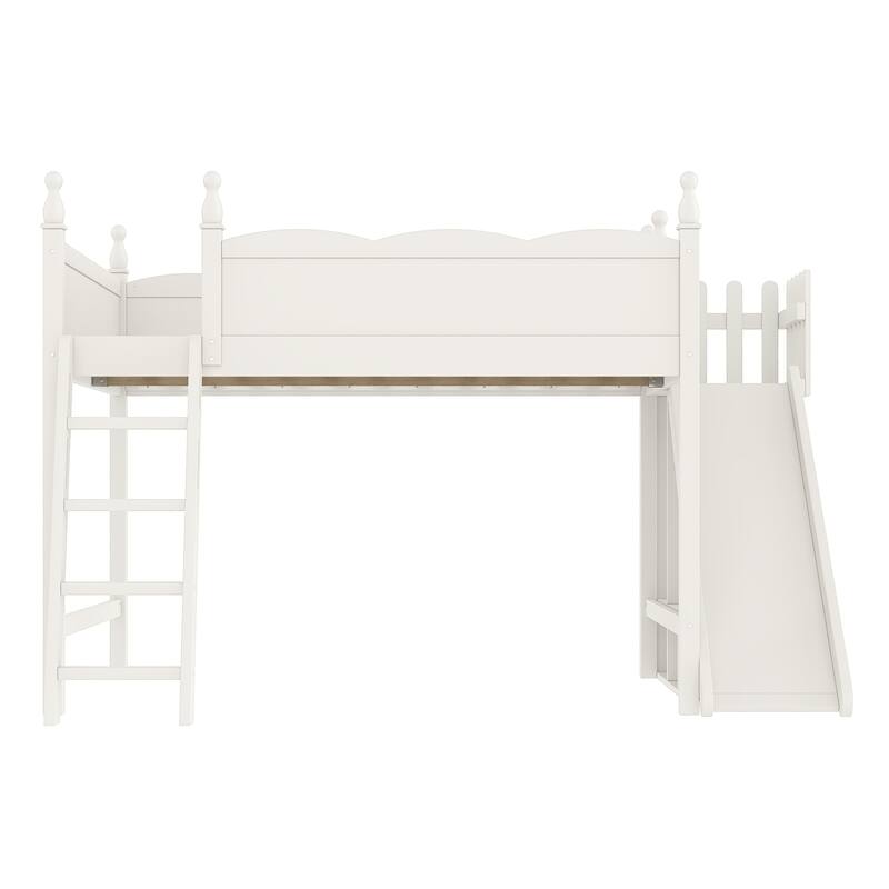 Queen Loft Bed with Storage Shelves and Wardrobe, Solid Wood Loft Beds with Detachable Slide and Ladders, No Spring Box Needed