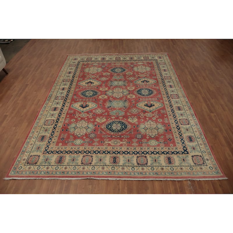 Hand Knotted Oriental 100% Wool Carpet Traditional Geometric Pink Kazak Area Rug - 11' 10'' X 8' 9''