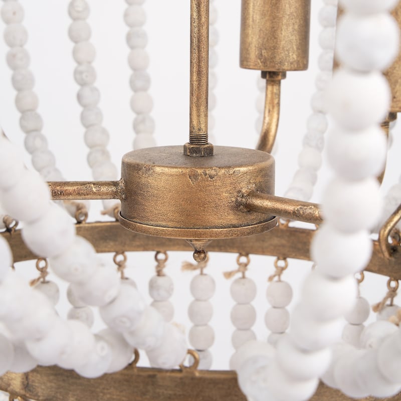 Rhone White Wood Beads w/ Gold Metal Frame 3 Bulb Chandelier