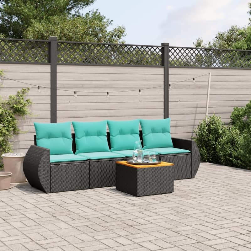 vidaXL 5 Piece Patio Sofa Set with Cushions Black Poly Rattan - 21.7" x 24.4" x 27.2"