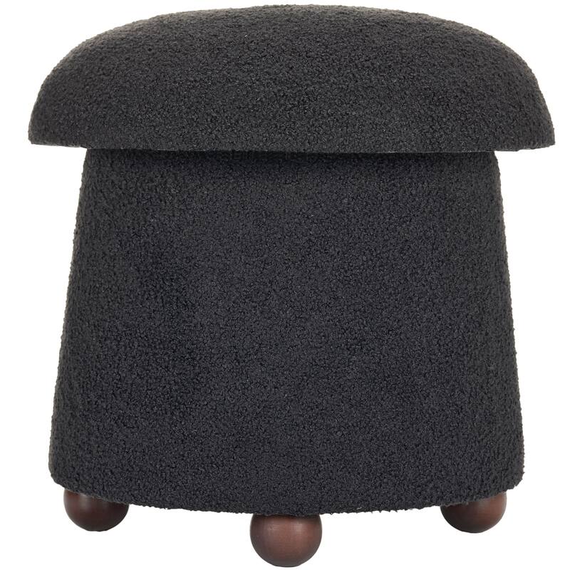 Modern Mushroom Round Ottoman with Storage and Plush Teddy Upholstery - Black