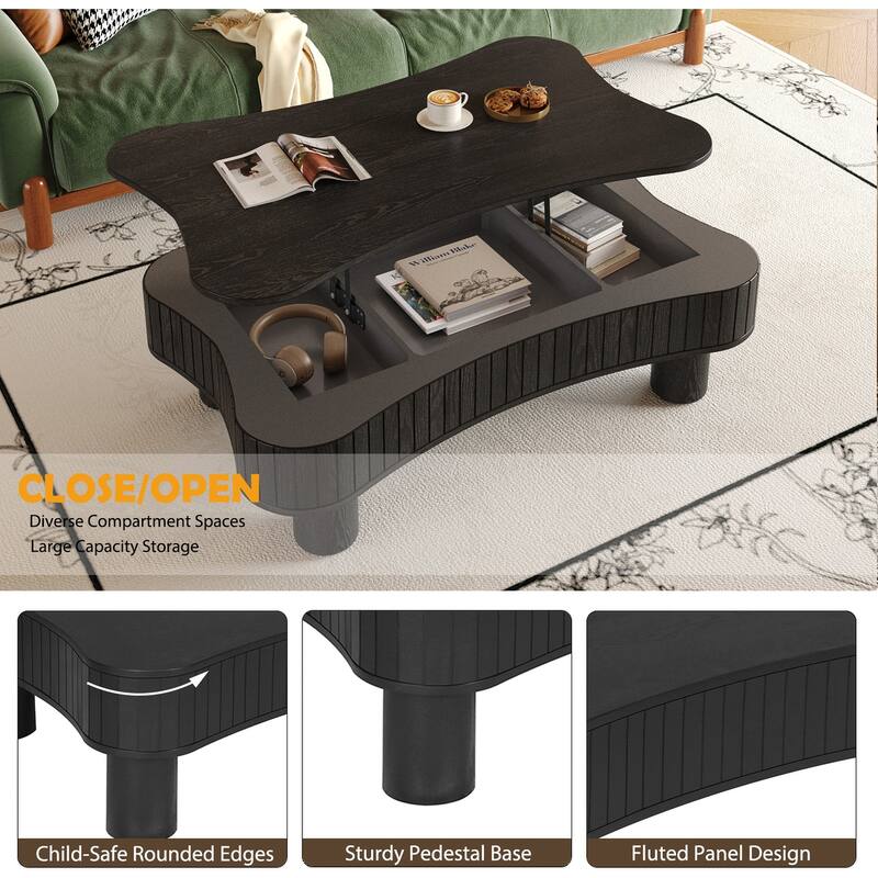 Lift Top Coffee Table 42" - Fluted Panel Hidden Storage, Silent Hydraulic Lift, Curved Safety Corners,5 Min Assembly