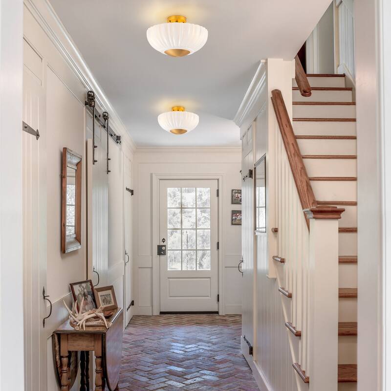 15'' in. W Brass Frosted White Glass Semi Flush Mount Ceiling Light - 15