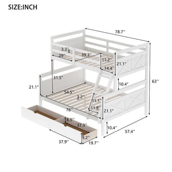 dimension image slide 1 of 2, Twin over Full Bunk Bed with Ladder and Storage Drawers