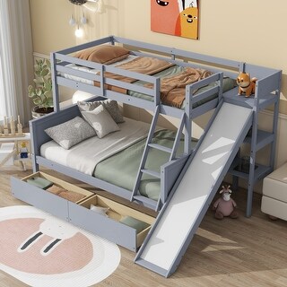 Twin Over Full Kids Bunk Bed with 2 Underbed Drawers and Slide, Rubberwood Bunk Bedsframe with Ladder for Bedroom Boys Girls