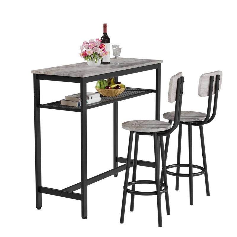3 Piece Bar Table Set, Bar Table and Chairs Set of 2 with Metal Frame and Storage Rack