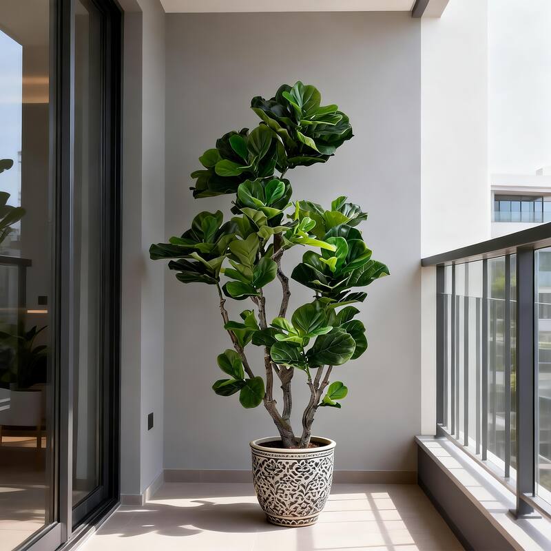 Artificial Fiddle Leaf Fig Tree - 2 Variants (4ft/5.75ft), Faux Green Plant in Black Plastic Pot, Indoor Low-Maintenance Decor
