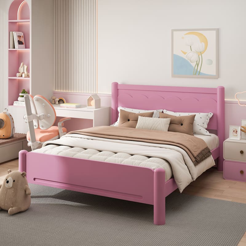 Queen Size Pink Wood Platform Bed with Headboard, Solid Wood Legs, 10-Slat Mattress Foundation, No Box Spring Needed