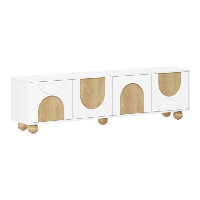 Rustic Cream TV Stand for 75" Screens - Farmhouse Media Console with Cable Management & Safety Rebound, Solid Wood Legs .