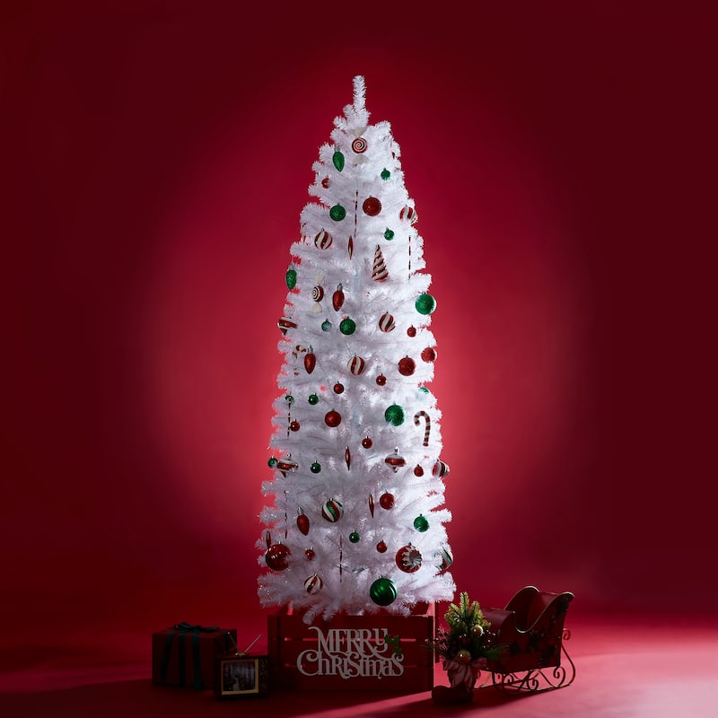Glitzhome 7.5ft/9ft Shimmering Tinsel Pink Slim Pencil Fir Artificial Christmas Trees