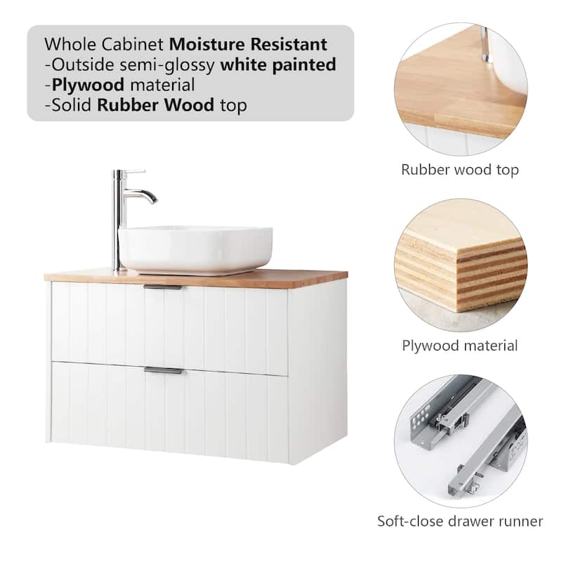 GDFStudio - 32-Inch Wall-Mounted Bathroom Vanity, Solid Wood Natural Top, Square Art Ceramic Sink