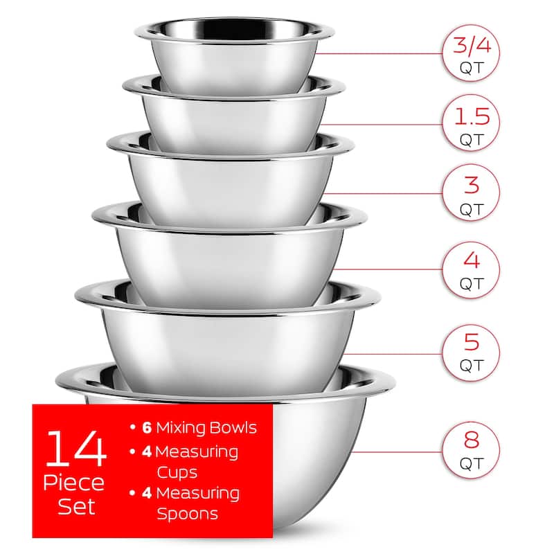 Joytable 14 Piece Premium Nesting Stainless Steel Mixing Bowls with Measuring Cups and Spoons Set