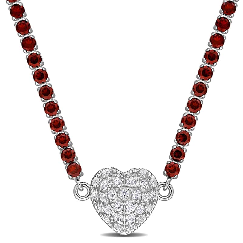 Miadora 14 1/4ct TGW Garnet and Created White Sapphire Heart Necklace in Sterling Silver-17 in