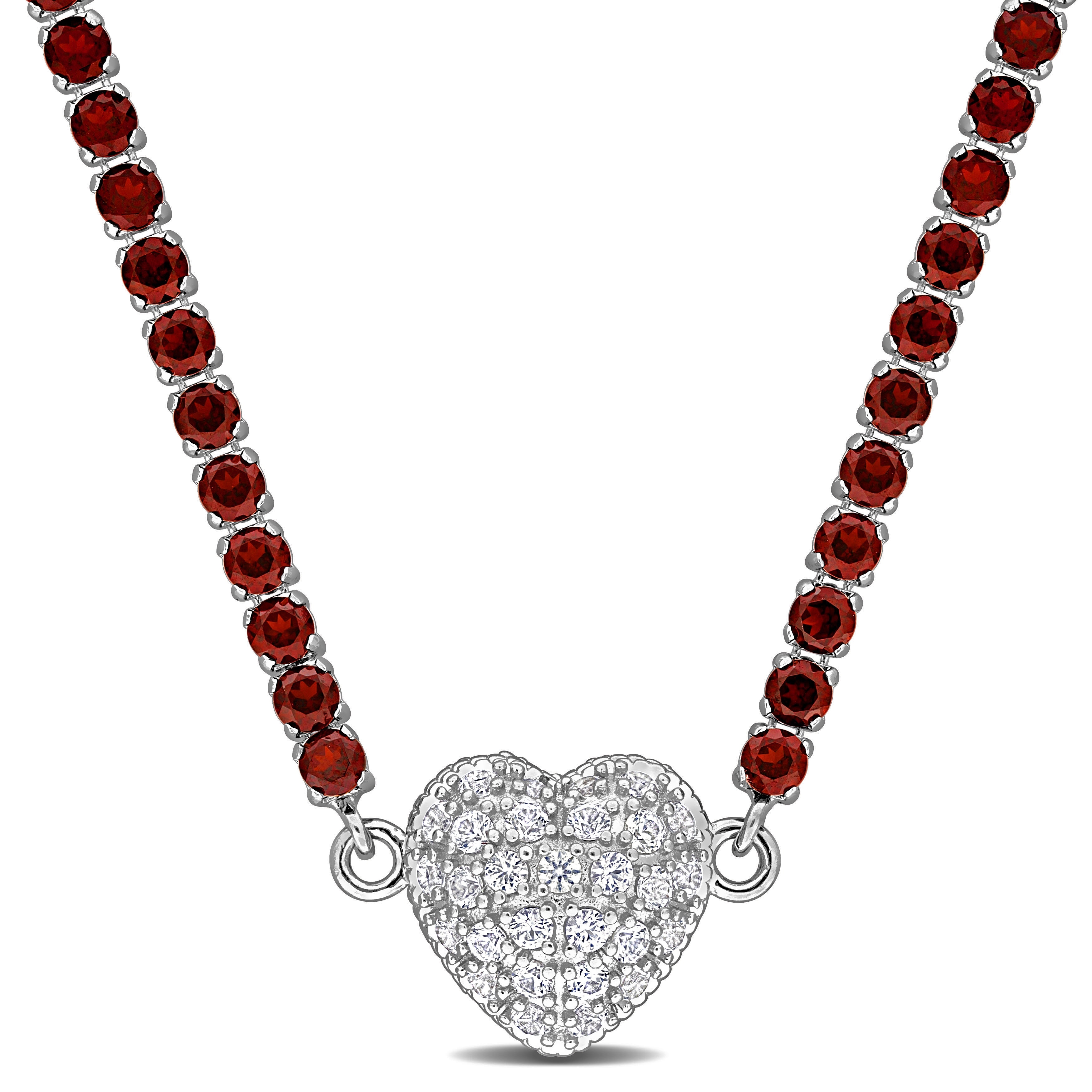 Miadora 14 1/4ct TGW Garnet and Created White Sapphire Heart Necklace in Sterling Silver-17 in