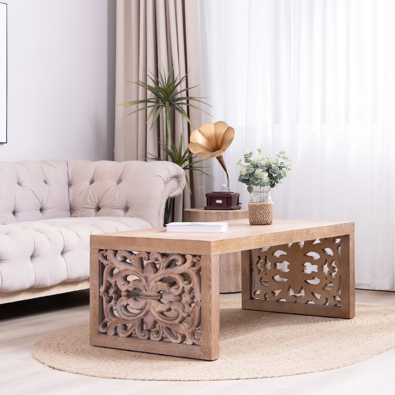 47.2" Rustic Carved Wood Coffee Table