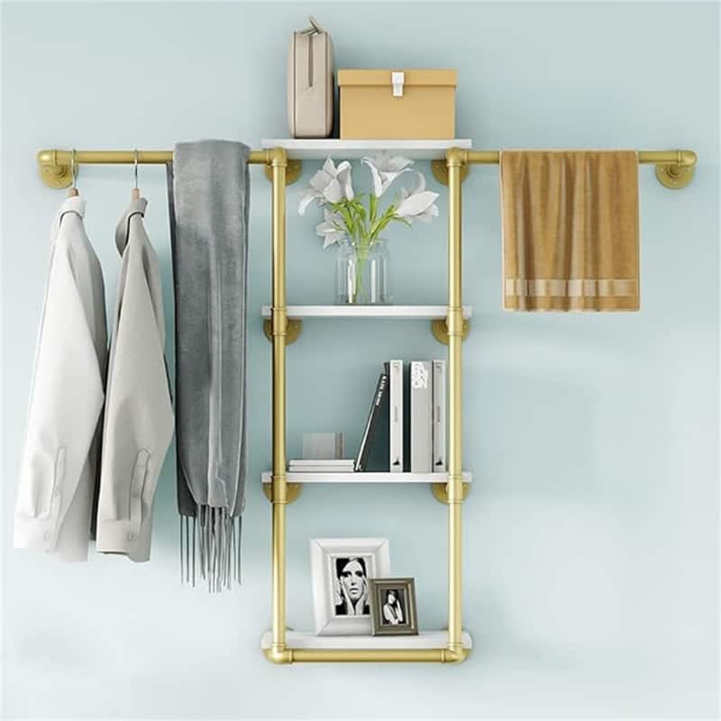 Wall Mounted Pipe Clothing Rack with Shelves - 11.8"D x 50.4"W x 35.4"H - White