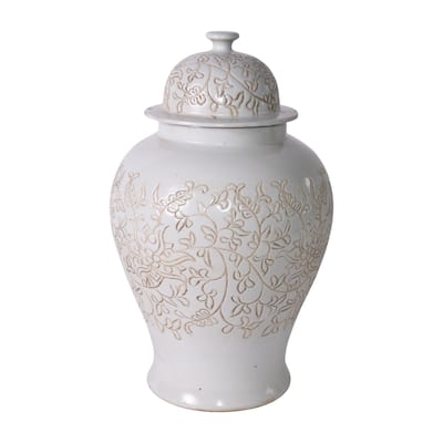 Matte White Carved Floral Temple Jar - 12x12x20
