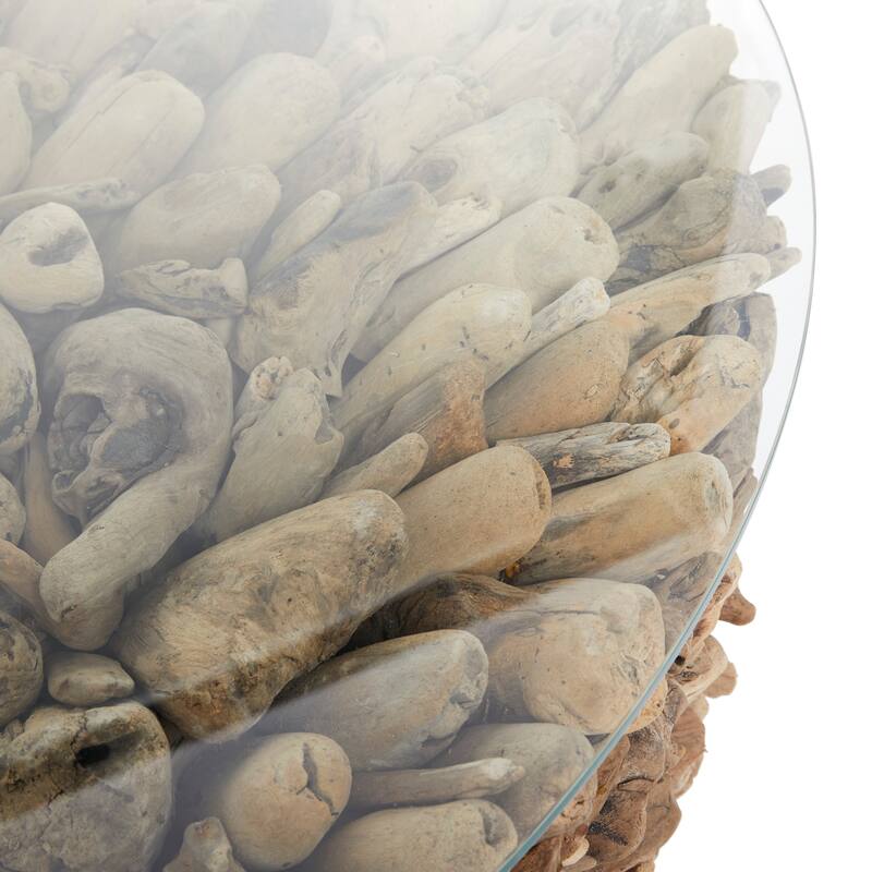 Driftwood Handmade Stacked Collage Coffee Table with Tempered Glass Top and Pedestal Base - Brown - Roche River Decor