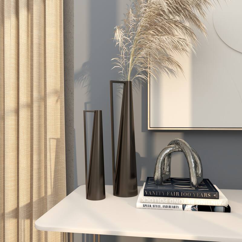 CosmoLiving by Cosmopolitan Metal Slim and Cone Geometric Vase with Handles (Set of 2) - Gold, Silver, Dark Gray, White, Black