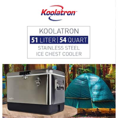 Koolatron Stainless Steel Ice Chest Beverage Cooler with Bottle Opener 51 L / 54 Quart for Camping, Beach RV, BBQs, Fishing