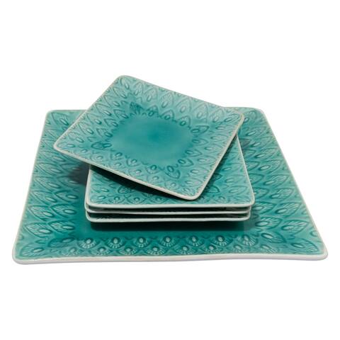 Euro Ceramica Peacock Stoneware 5-Piece Square Serving Set in Lagoon - 6.5 x 6.5 x .9 x 11.5 x 11.5 x 1.2