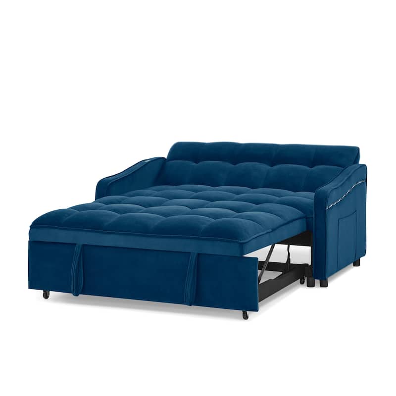 53" Foam Adjustable Loveseat Sofa Bed with Pull-Out Bed, USB/Type-C Charging, Copper Nail Trim, and Arm Storage Pockets