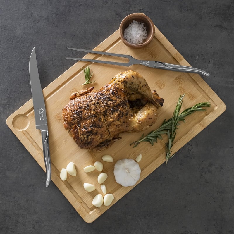French Home Laguiole Stainless-Steel Carving Set with Wood Cutting Board - Silver