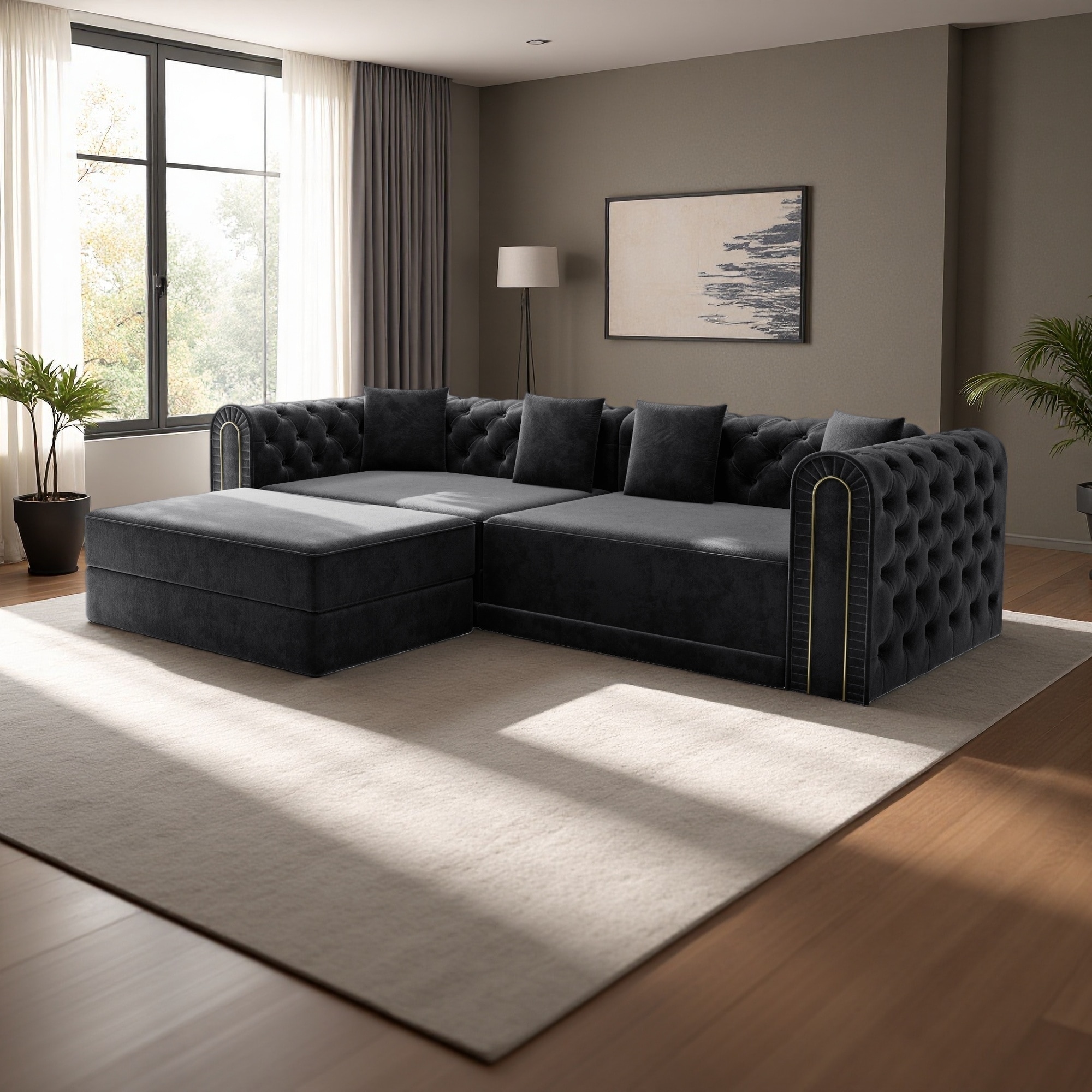 90.6" Velvet 3-in-1 Convertible Sleeper Sectional Sofa with Movable Ottoman and Gold Edge Trim